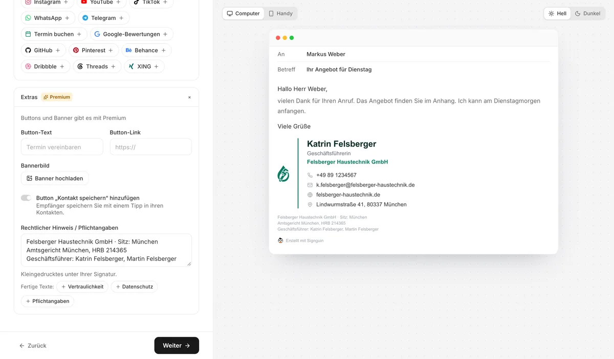 Signguin-Editor mit dem Design Klassisch, ausgefüllten Pflichtangaben einer GmbH und der Signaturvorschau in einer E-Mail