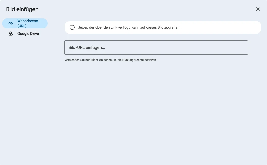Gmail-Dialog Bild einfügen mit Webadresse (URL) und Google Drive