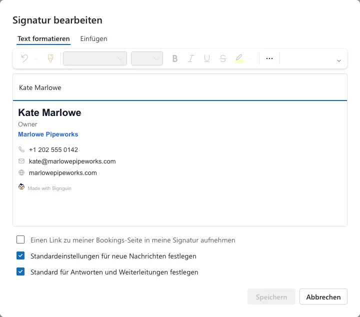 Outlook-Dialog Signatur bearbeiten mit eingefügter Signatur und den Standardoptionen