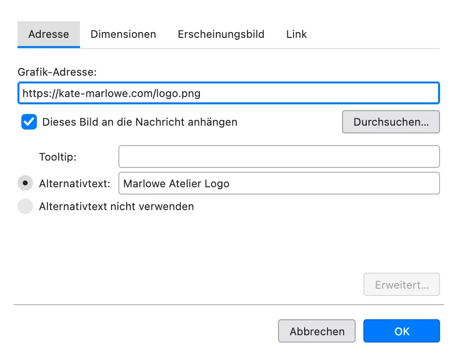 Thunderbird-Fenster „Grafik-Eigenschaften“ mit Grafik-Adresse, Alternativtext und Haken „Dieses Bild an die Nachricht anhängen“