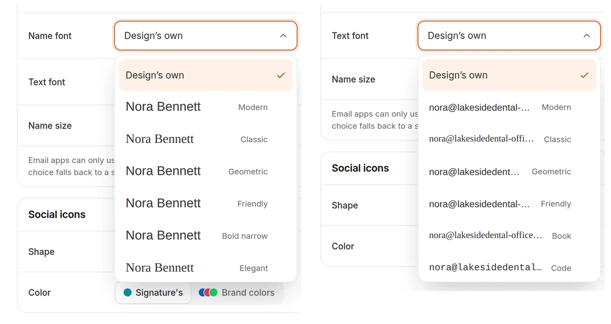 Signguin Colors and fonts panel with the Name font and Text font lists open, showing every style