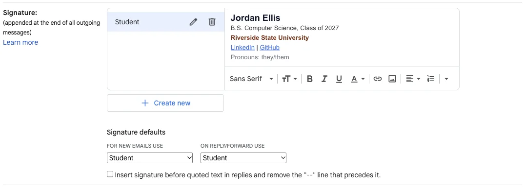 Gmail Settings, General tab, Signature section with a pasted student signature