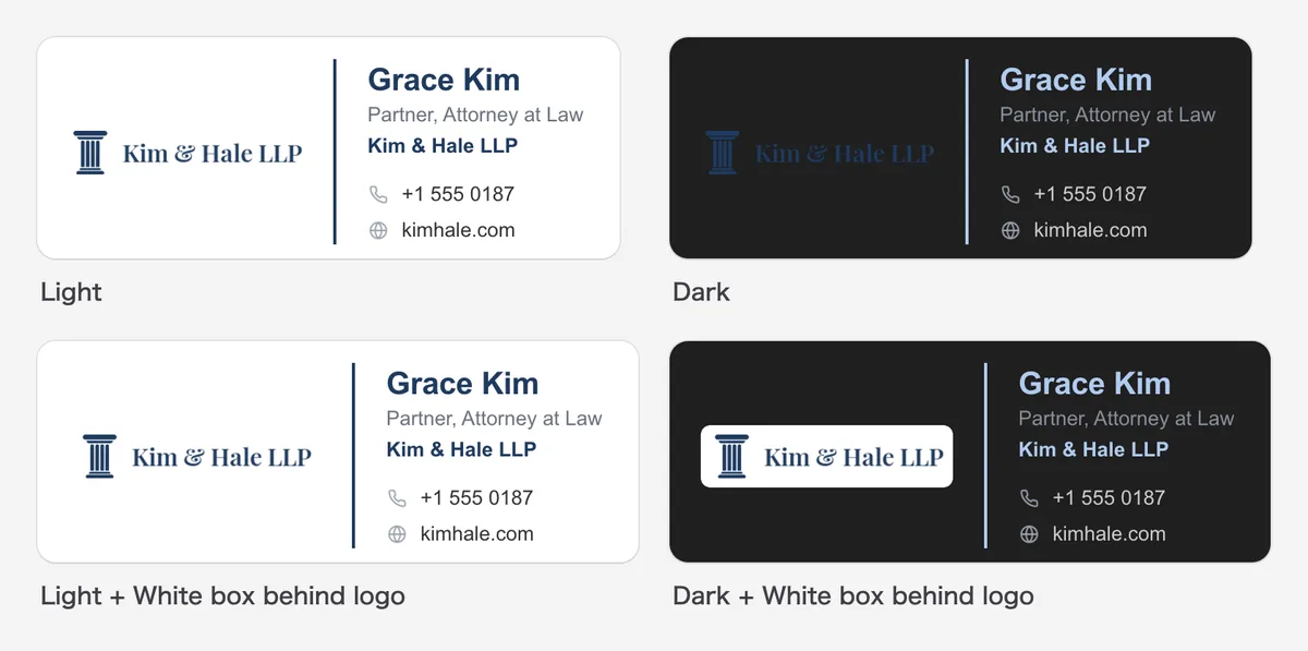 The same signature in light and dark mode, with and without a white box behind the dark logo