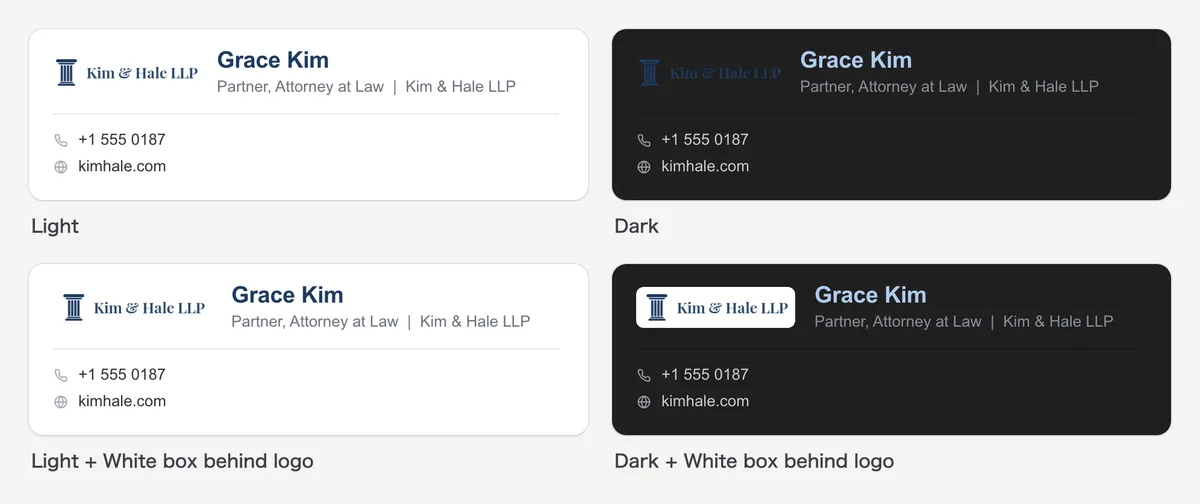 Stacked signature in light and dark mode: the transparent dark logo fades, the padded white box version stays readable