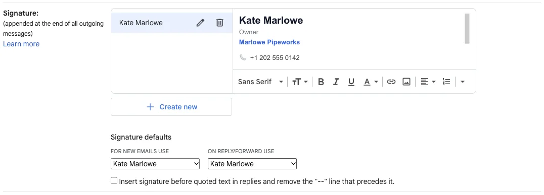 Gmail settings with a pasted signature and the signature defaults for new emails and replies