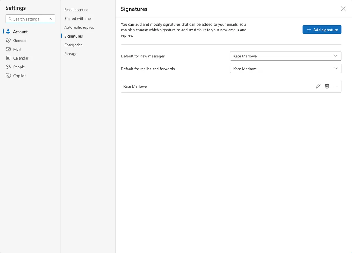 Outlook settings, Account > Signatures, with the default signature for new messages and replies