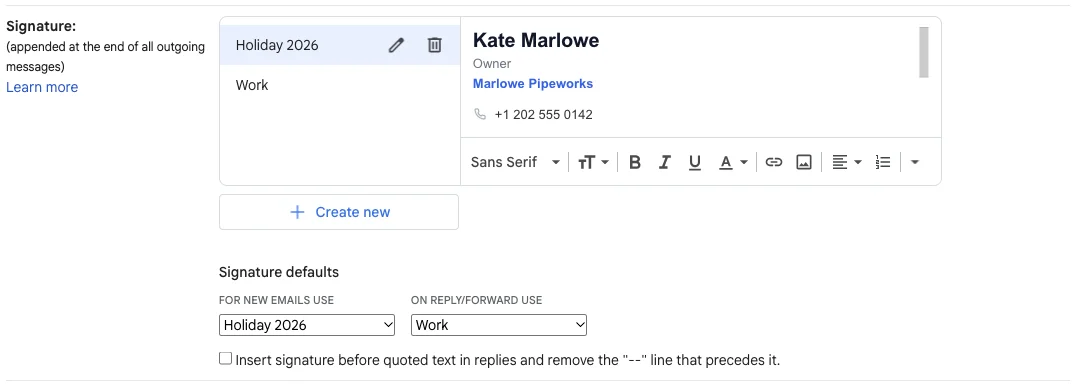 Gmail Signature settings with two saved signatures, "Work" and "Holiday 2026", and the Signature defaults drop-downs