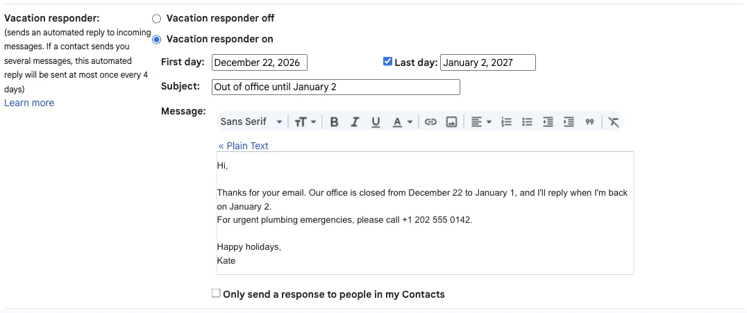 Gmail Vacation responder section with the first and last day set, a subject and a short holiday message
