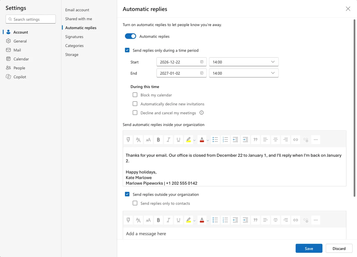 new Outlook Automatic replies settings with "Send replies only during a time period" checked