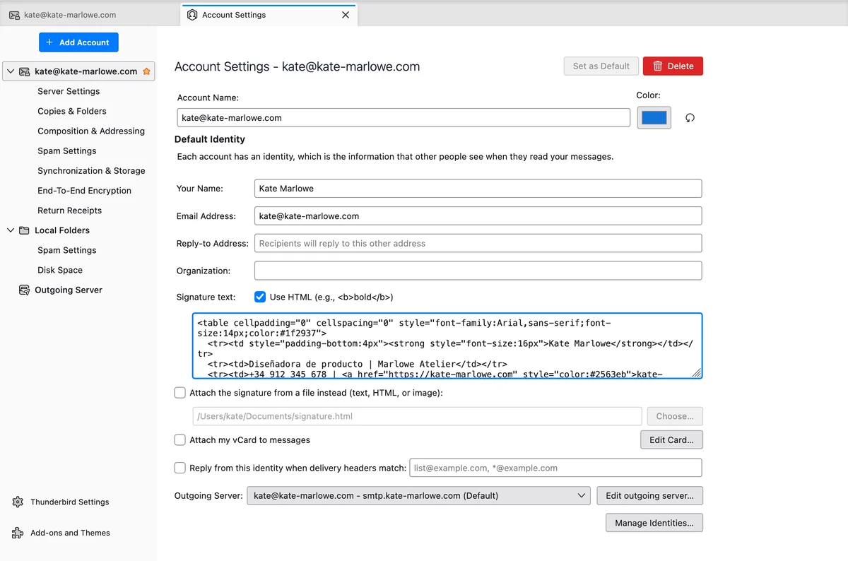 Thunderbird Account Settings with the Signature text field and the Use HTML checkbox