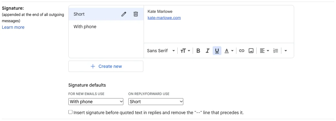 personal Gmail Settings > General > Signature with two signatures, "With phone" and "Short", and the Signature defaults drop-downs