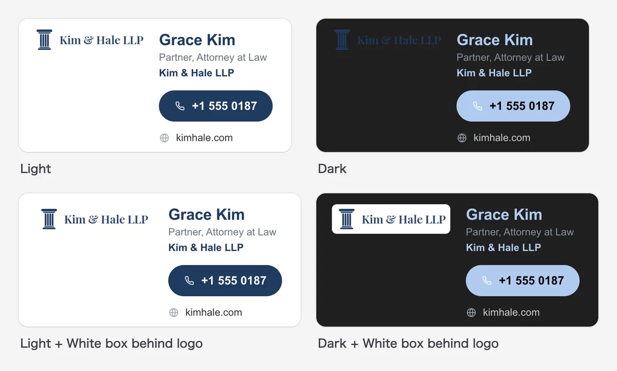 A signature with a dark logo shown in light and dark mode, before and after adding a white box