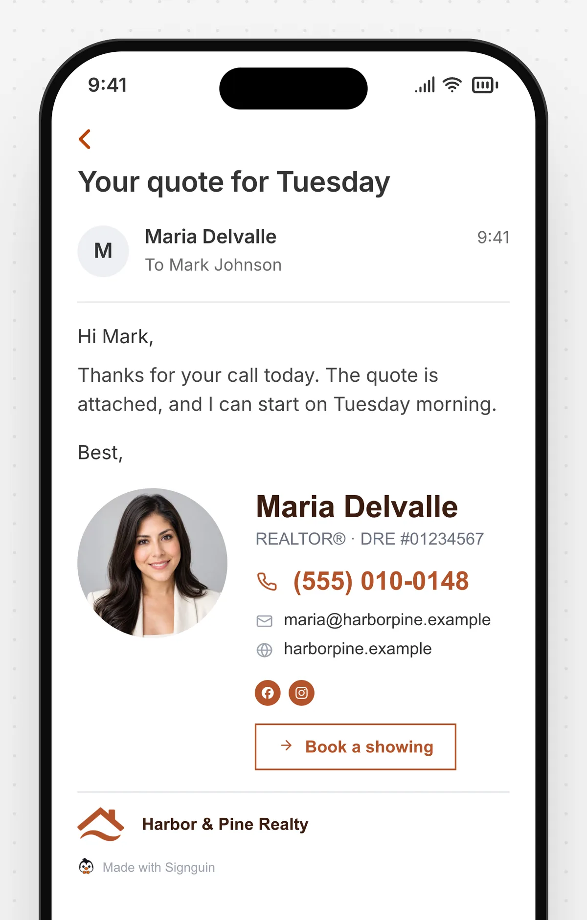 Realtor email signature on a phone screen with headshot, brokerage name and a Book a showing button