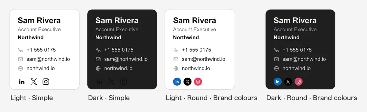 The same social icon row in light and dark mode: simple black icons vanish, round brand-color icons stay visible