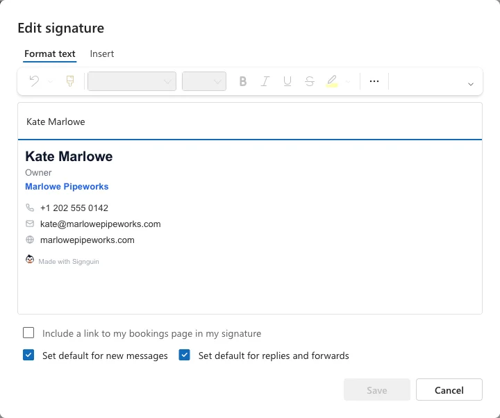 Outlook's Edit signature dialog with a pasted signature and the default options for new messages and replies