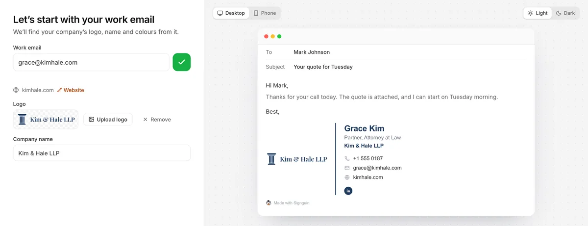 Signguin editor building a new signature from a work email, with the logo and preview filled in