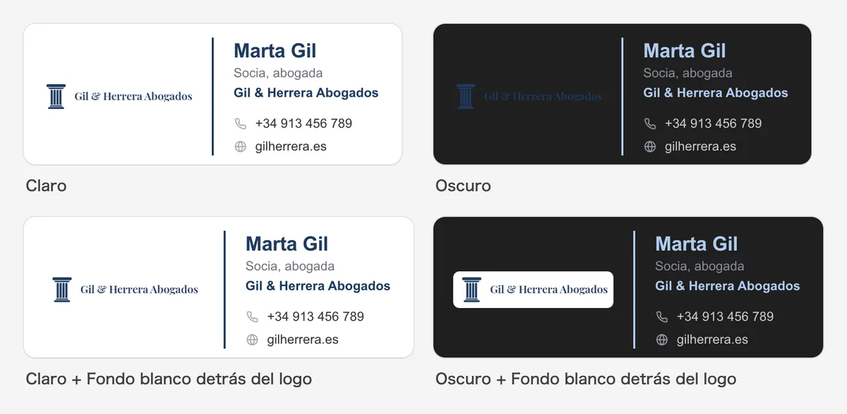 La misma firma en modo claro y oscuro, con y sin recuadro blanco detrás del logo oscuro