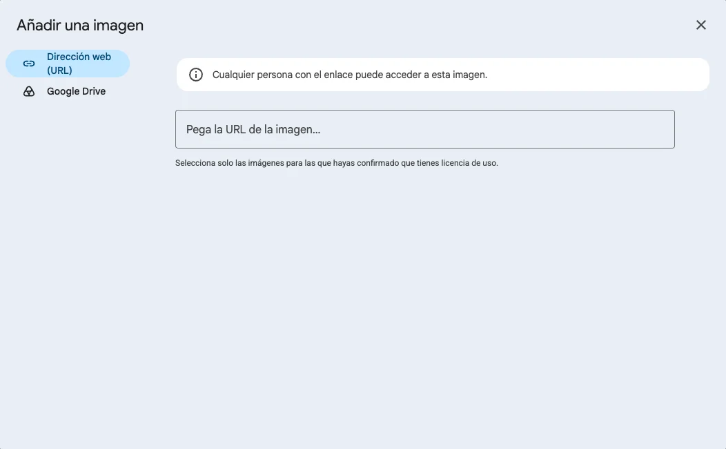 Cuadro Añadir una imagen de Gmail con Dirección web (URL) y Google Drive