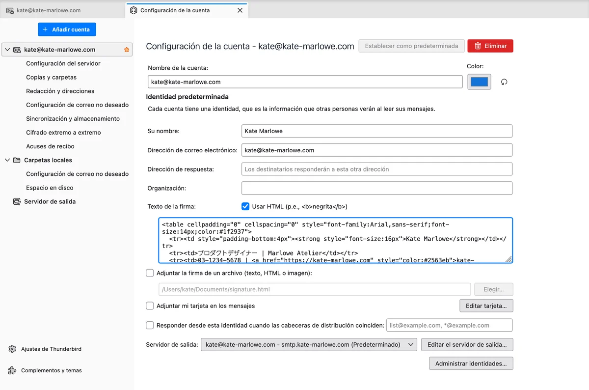 Thunderbird, Configuración de cuenta con Usar HTML marcado y el código en Texto de la firma