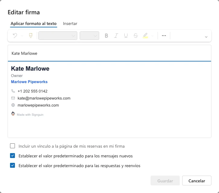 Cuadro para editar la firma en Outlook con una firma pegada y las opciones predeterminadas