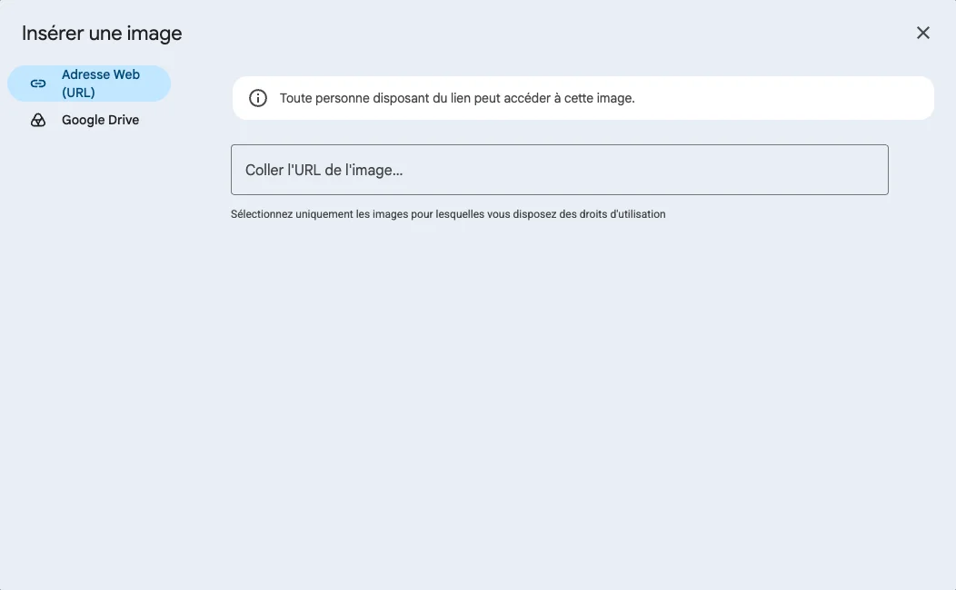 Fenêtre Insérer une image de Gmail avec Adresse Web (URL) et Google Drive