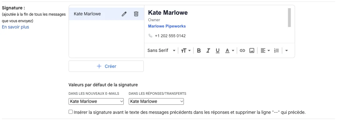 Paramètres Gmail avec une signature collée et les valeurs par défaut de la signature
