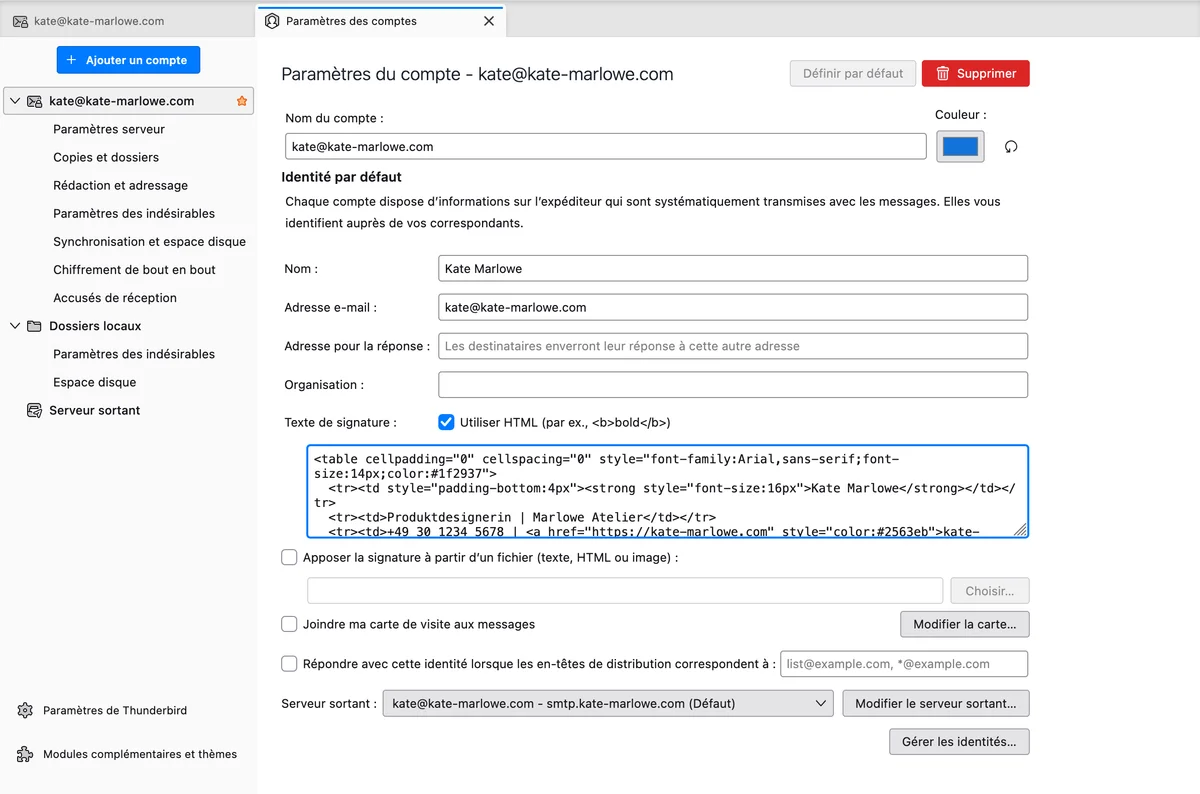 Thunderbird, Paramètres des comptes avec la case Utiliser HTML cochée et du code collé