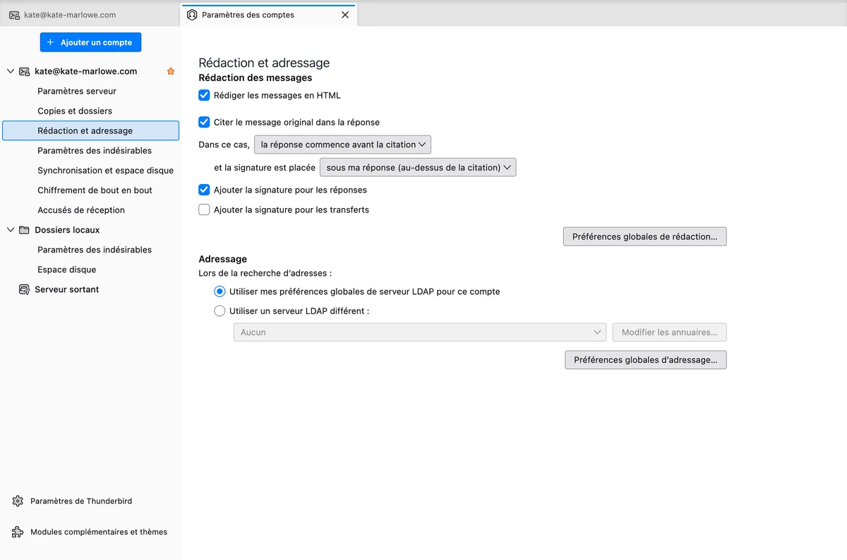 Rédaction et adressage, avec « la réponse commence avant la citation » et « sous ma réponse (au-dessus de la citation) » sélectionnés