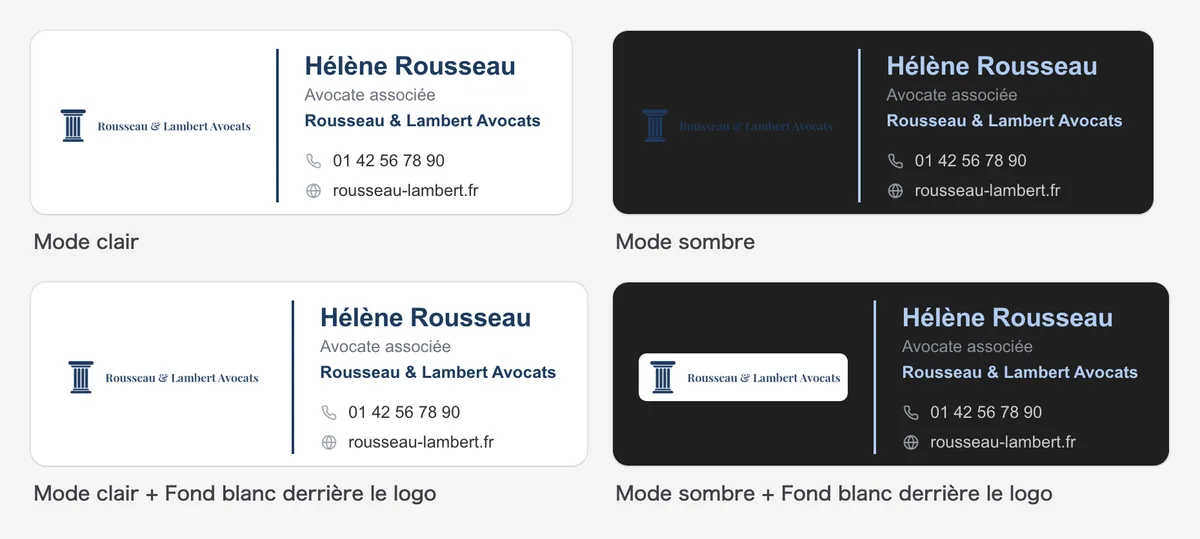 La même signature en mode clair et sombre, avec et sans fond blanc derrière le logo foncé