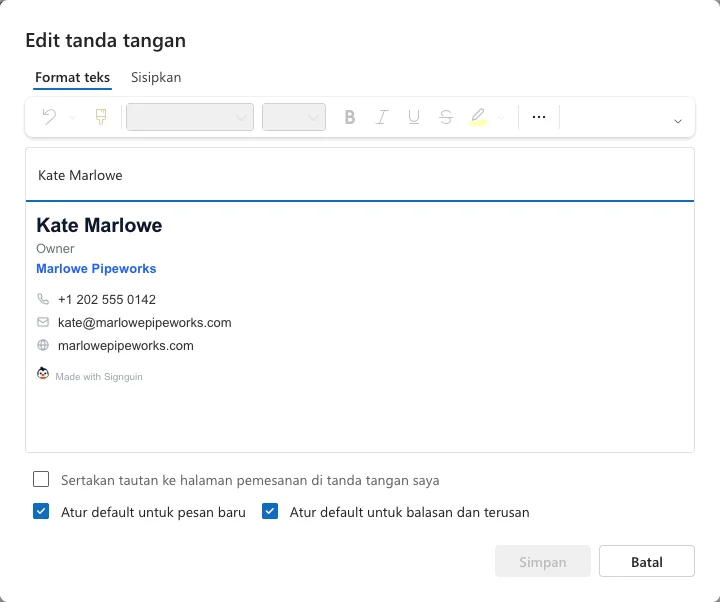 Jendela Edit tanda tangan Outlook dengan signature yang ditempel dan dua kotak centang Atur default