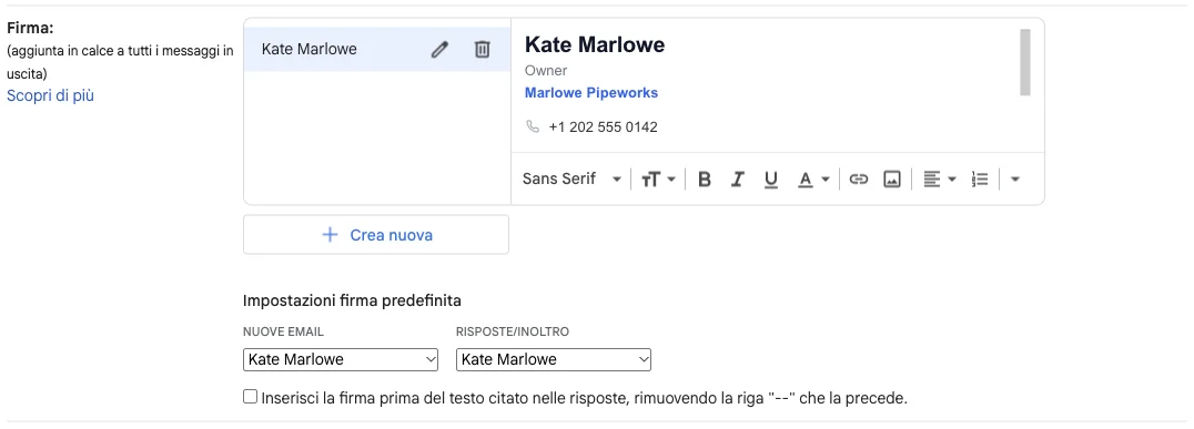 Impostazioni di Gmail con una firma incollata e le impostazioni firma predefinita