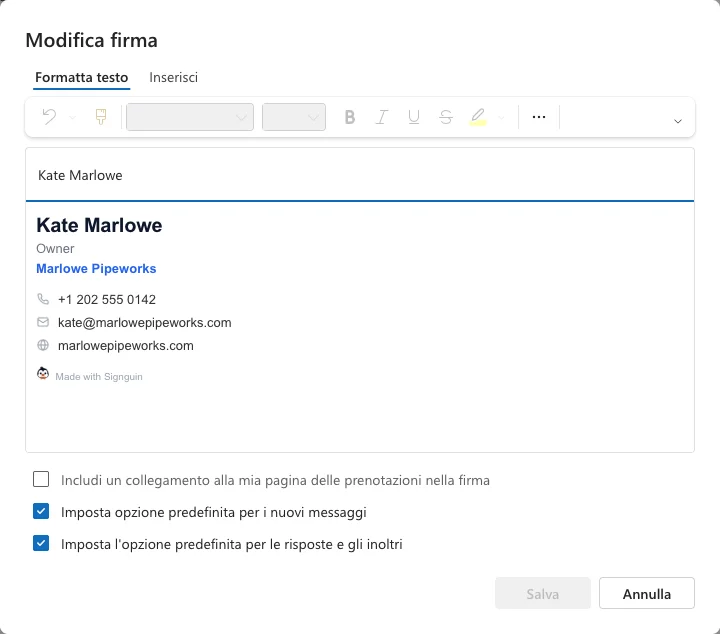 Finestra di modifica della firma in Outlook con una firma incollata e le opzioni predefinite