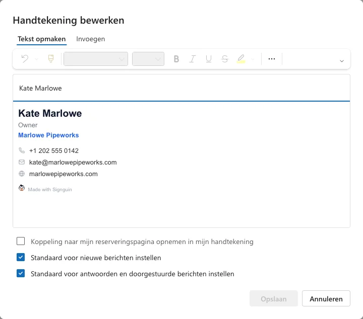 Outlook-venster om de handtekening te bewerken, met een geplakte handtekening en de standaardopties