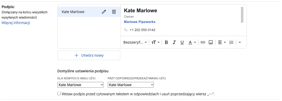 Ustawienia Gmaila z wklejonym podpisem i domyślnymi ustawieniami podpisu