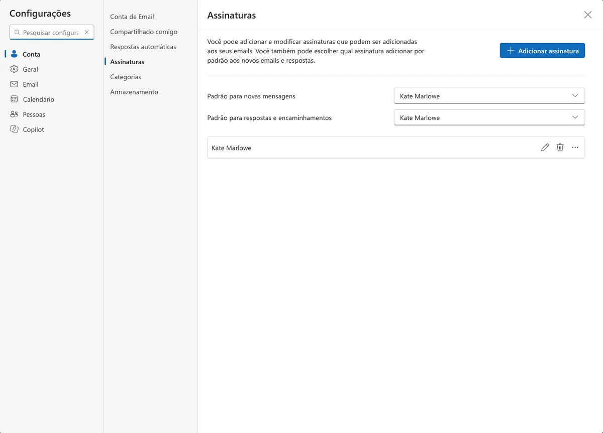 Configurações do Outlook, Conta > Assinaturas, com as assinaturas padrão