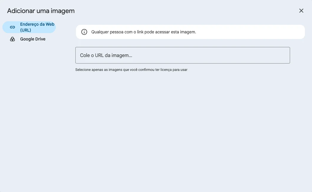 Janela Adicionar uma imagem do Gmail com Endereço da Web (URL) e Google Drive