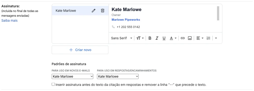 Configurações do Gmail com uma assinatura colada e os padrões de assinatura