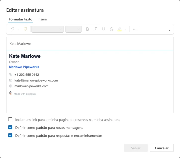 Janela de edição de assinatura do Outlook com uma assinatura colada e as opções padrão