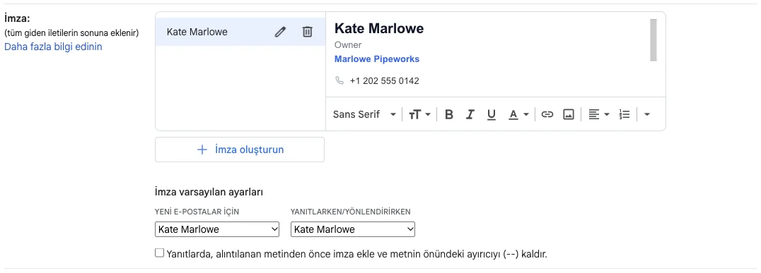 Gmail ayarlarında yapıştırılmış imza ve İmza varsayılan ayarları