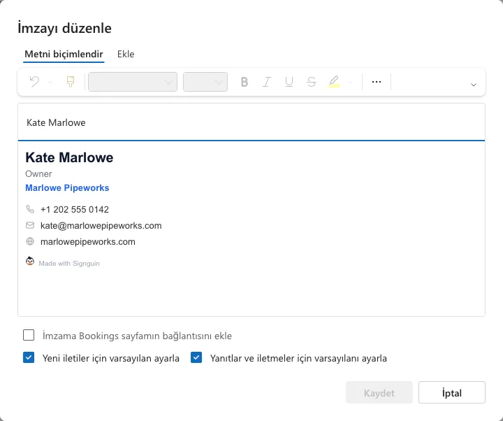 Outlook imza düzenleme penceresi, yapıştırılmış imza ve iki varsayılan onay kutusu