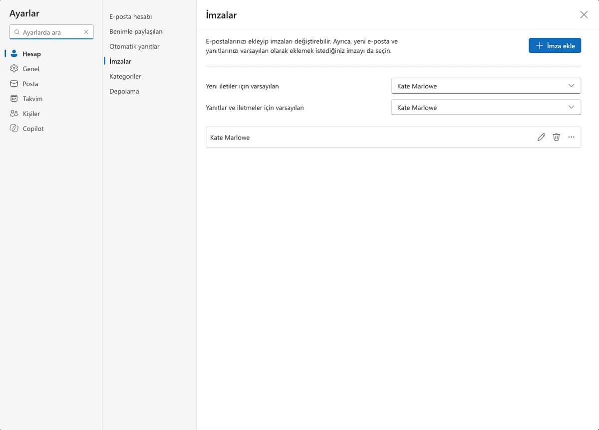 Outlook ayarları, Hesap > İmzalar paneli ve varsayılan imzalar