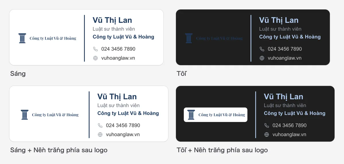 Cùng một chữ ký ở chế độ sáng và tối, có và không có nền trắng phía sau logo tối