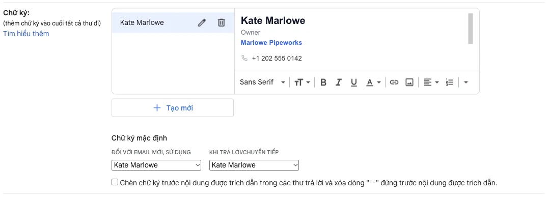 Cài đặt Gmail với chữ ký đã dán và phần Chữ ký mặc định
