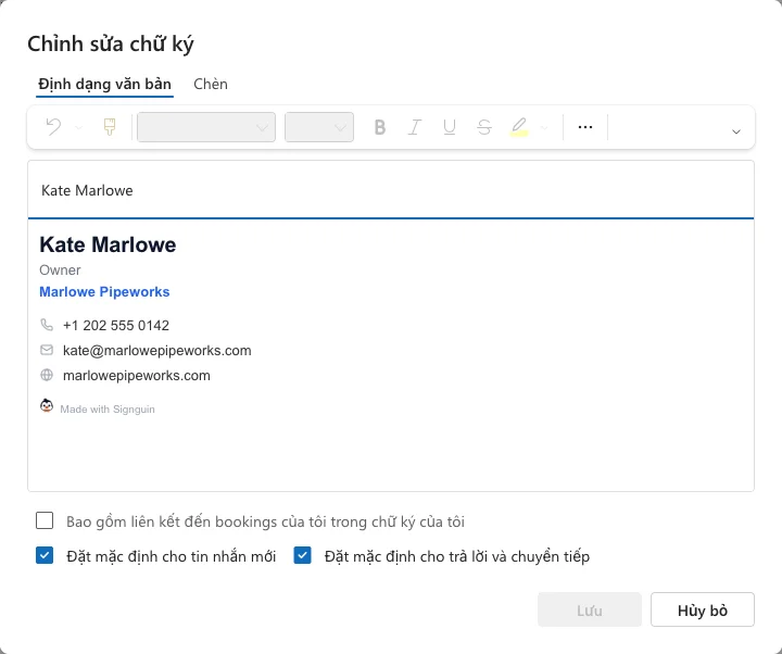 Hộp chỉnh sửa chữ ký trong Outlook với chữ ký đã dán và các tùy chọn mặc định